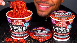 ASMR CUP NOODLES VAMPIRE NOODLES GARLIC CHICKEN RAMEN HOT RED SAUCE SLURPING SOUNDS MUKBANG