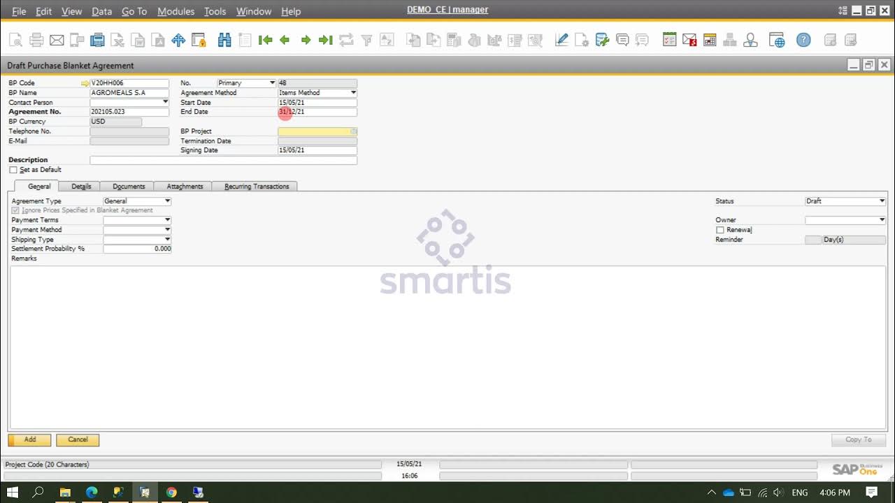 Hướng dẫn tạo hợp đồng khung thu mua (Purchase Blanket Agreement) trong