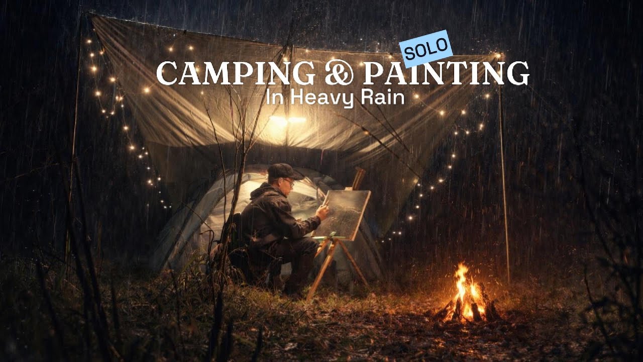 SOLO Camping & Painting In Heavy Rain | Alone in Nature (ASMR)
