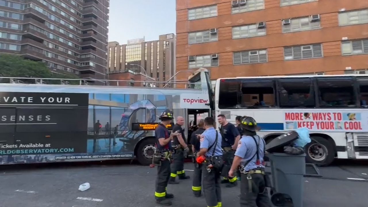 Dozens hurt after double-decker tour bus and MTA bus collide - YouTube