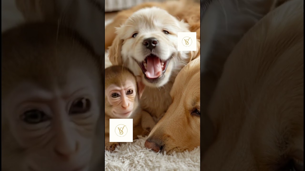 baby monkey and baby dog playing with her grandmother