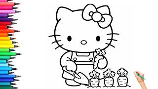 Hello Kitty Gardening & Harvesting Carrots Coloring Page | Easy Drawing & Coloring Tutorial