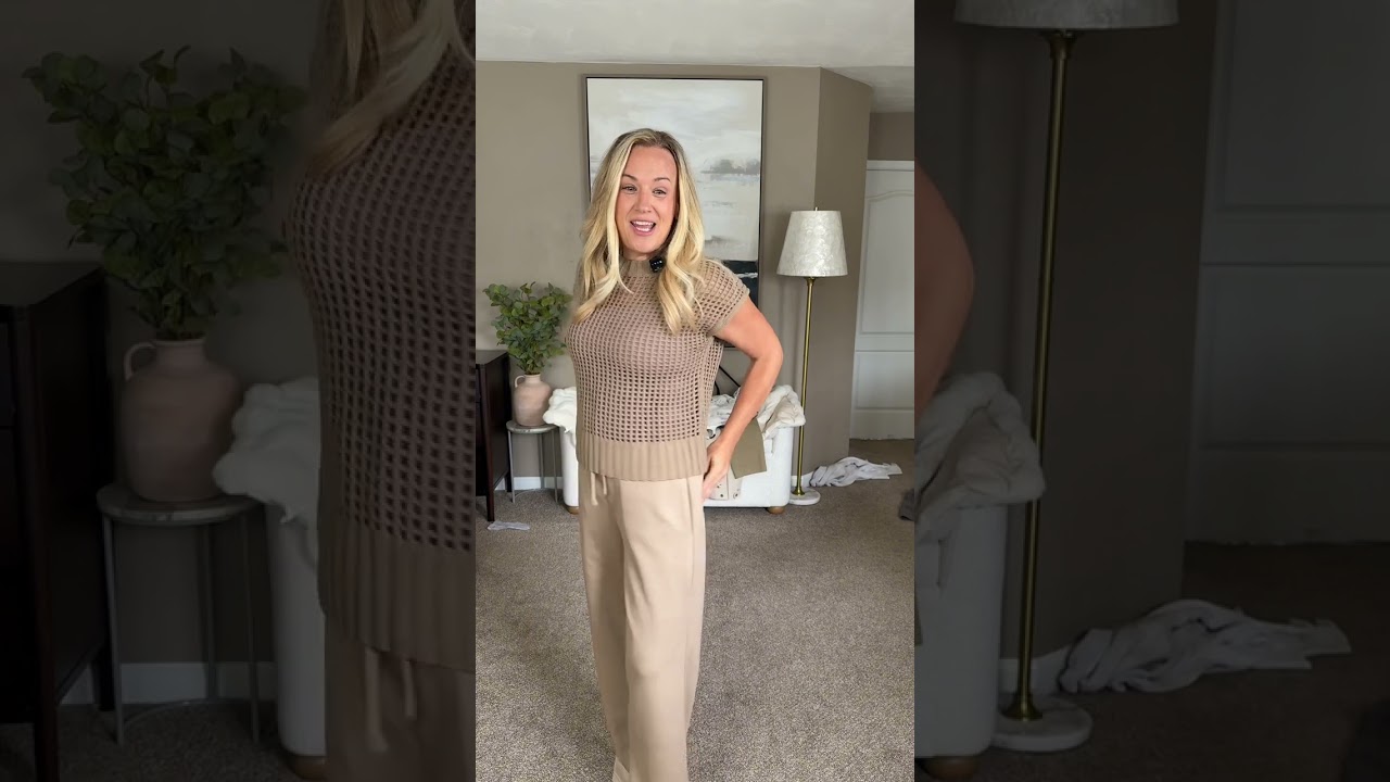 Amazing ANRABESS Women Two Piece Outfits Crochet Sheer Knit Sweater Top Wide Leg Pants Lounge Mat...