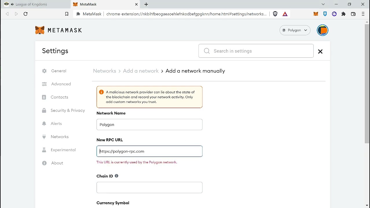 League of Kingdoms - How to Add Matic Network on Metamask