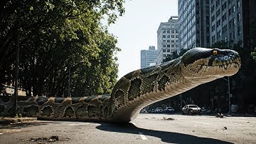 Big Snake giant python emerging in the middle of a city