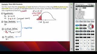 Hypothesis Test - Claim about a Proportion (Example: Male BSN Students, TI -84 Calc. Function)