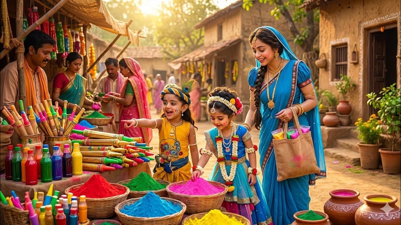 मईया यशोदा के साथ बाल कृष्ण और राधा गए रंग और पिचकारी लेने | यशोमती मईया के नंदलाला | Krishan Leela