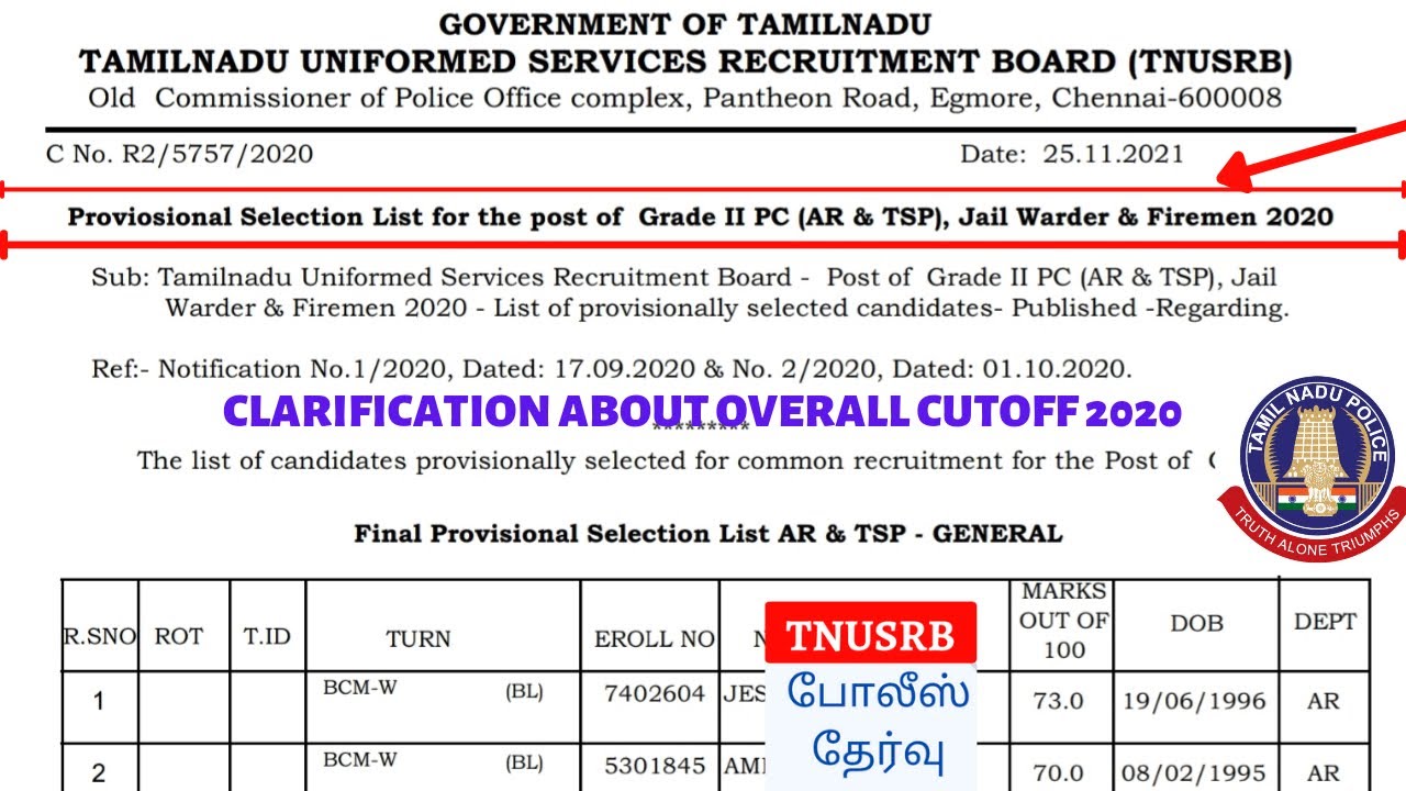 TNUSRB | Final Provisional Selection List 2020 | Overall Cutoff Analysis | Clarity Cutoff Doubts