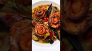 Torched Salmon Rosettes, Julienned Veggies, Black Mussels, Crispy Salmon Skin, Roasted Garlic Butte