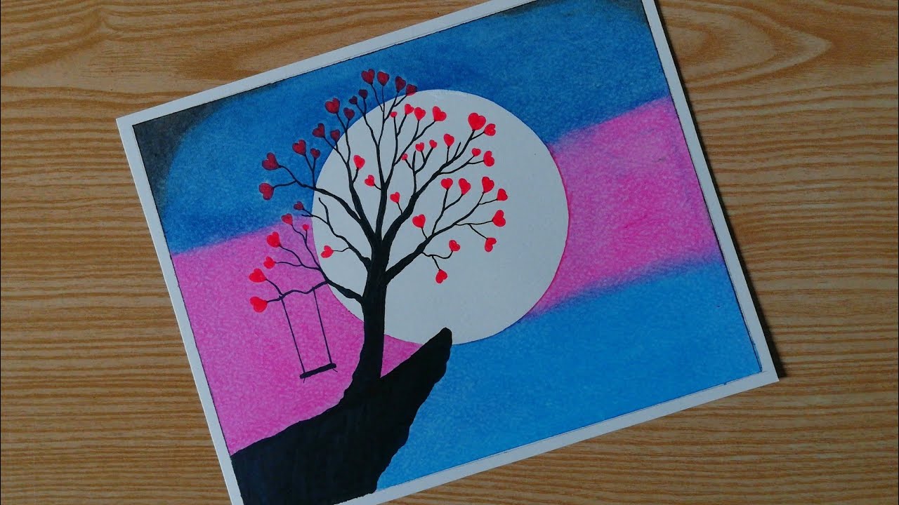 New Art video for beginners || Love tree drawing with oil pastels - step by step