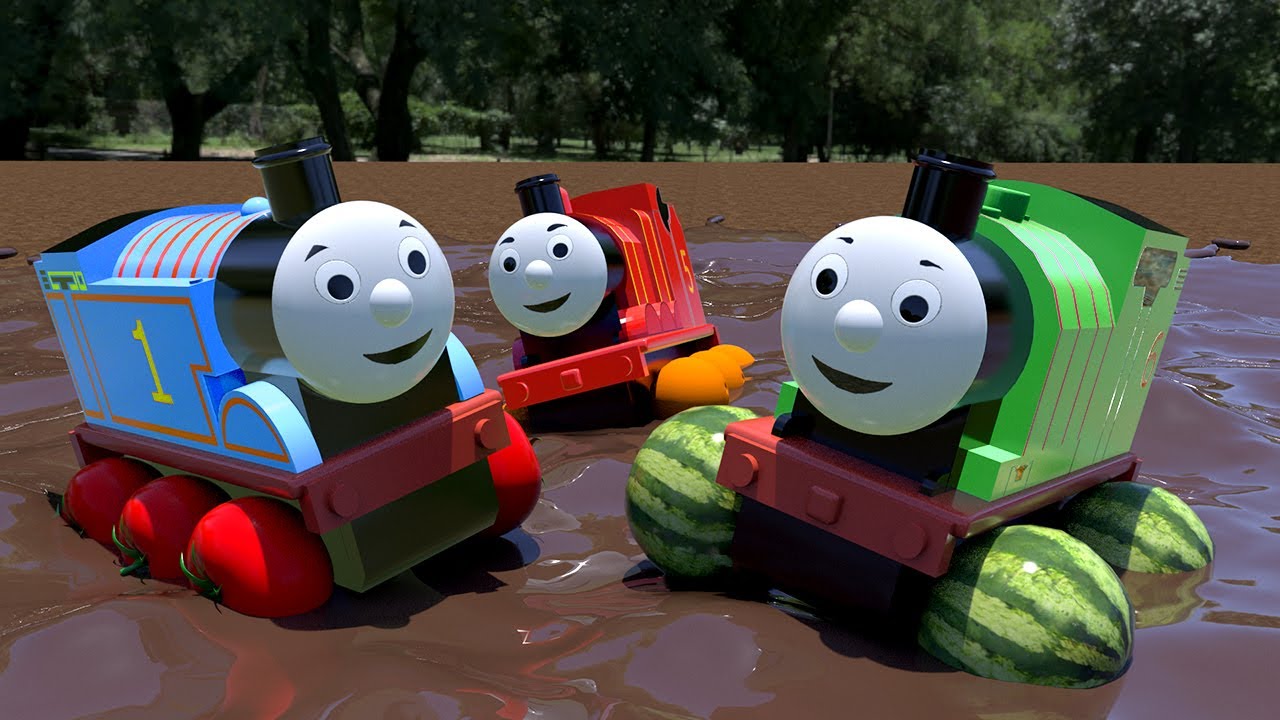 Thomas The Train Play &amp; Stuck in The Mud with Fruit Wheels - YouTube