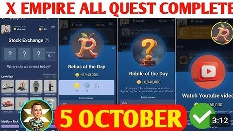 5 October All Quests Code X Empire | Youtube Video Code | Rebus Of The Day | Investment Fund Card