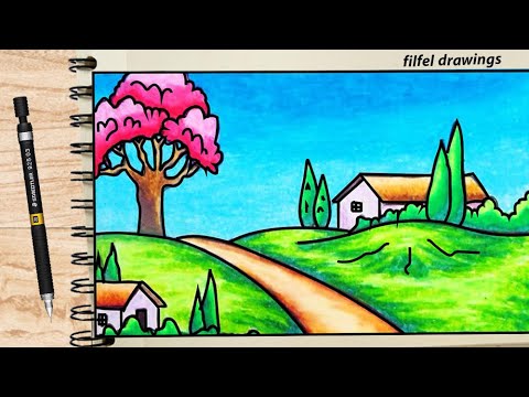 How to Draw Nature Scenery of Waterfall, Sunset and Houses | Easy Waterfall  Sunset Scenery Drawing - YouTube