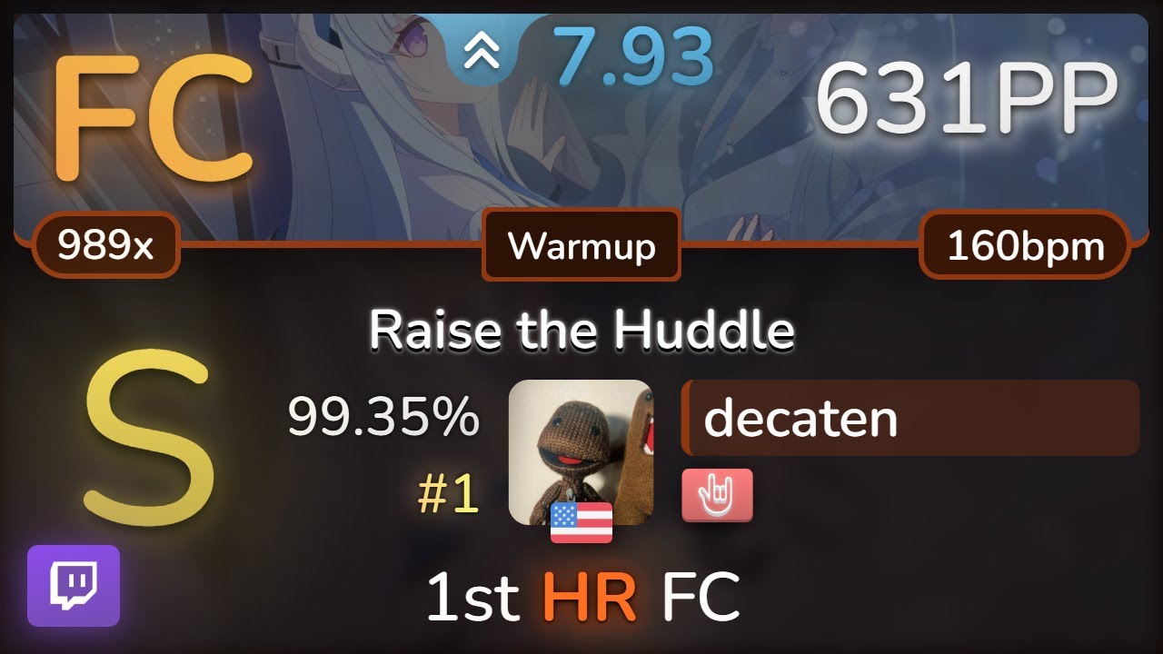 🔴 decaten | Nor - Raise the Huddle [Warmup] +HR 99.35% FC #1 | 631pp - osu!