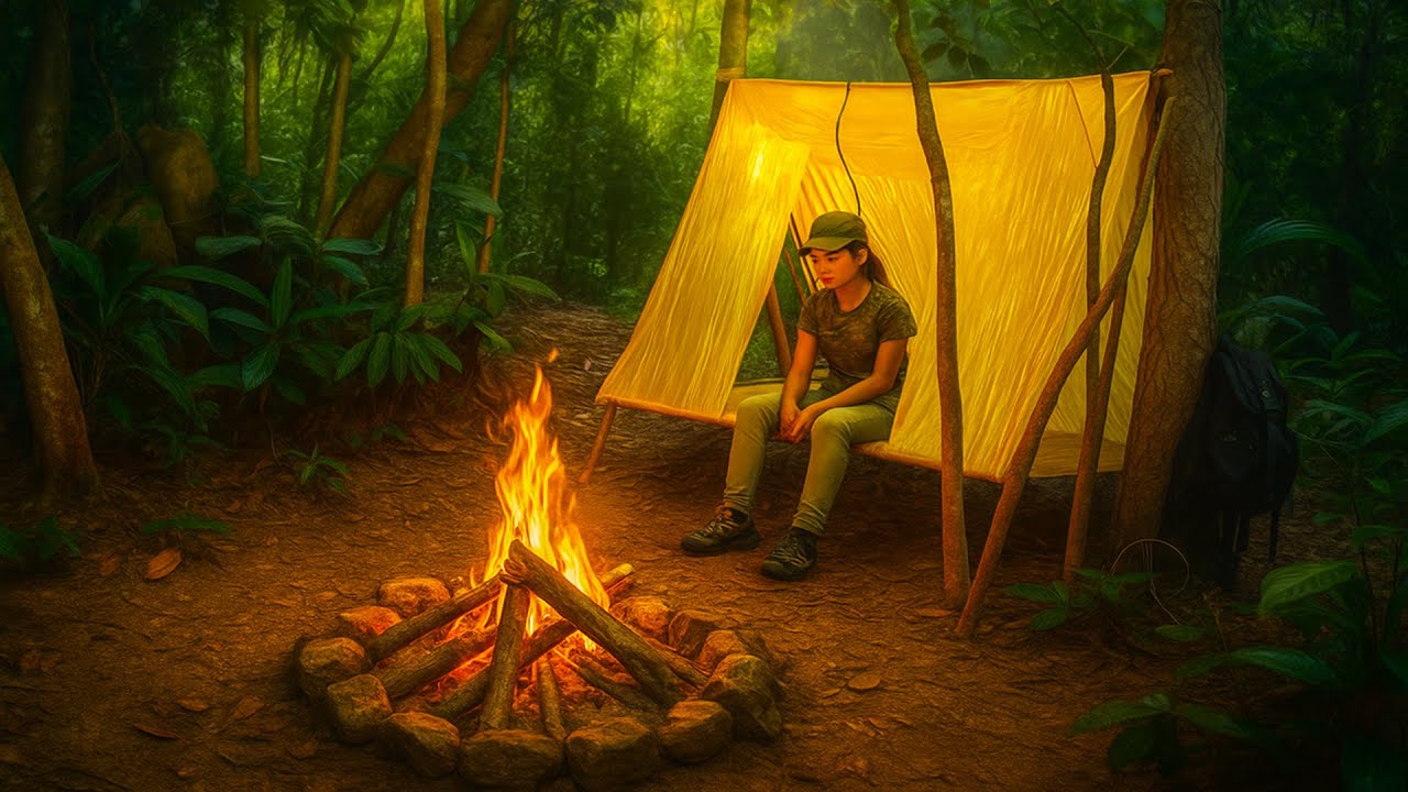 Building a Bushcraft Shelter with Plastic Tape Dispenser - 24 Hours ...