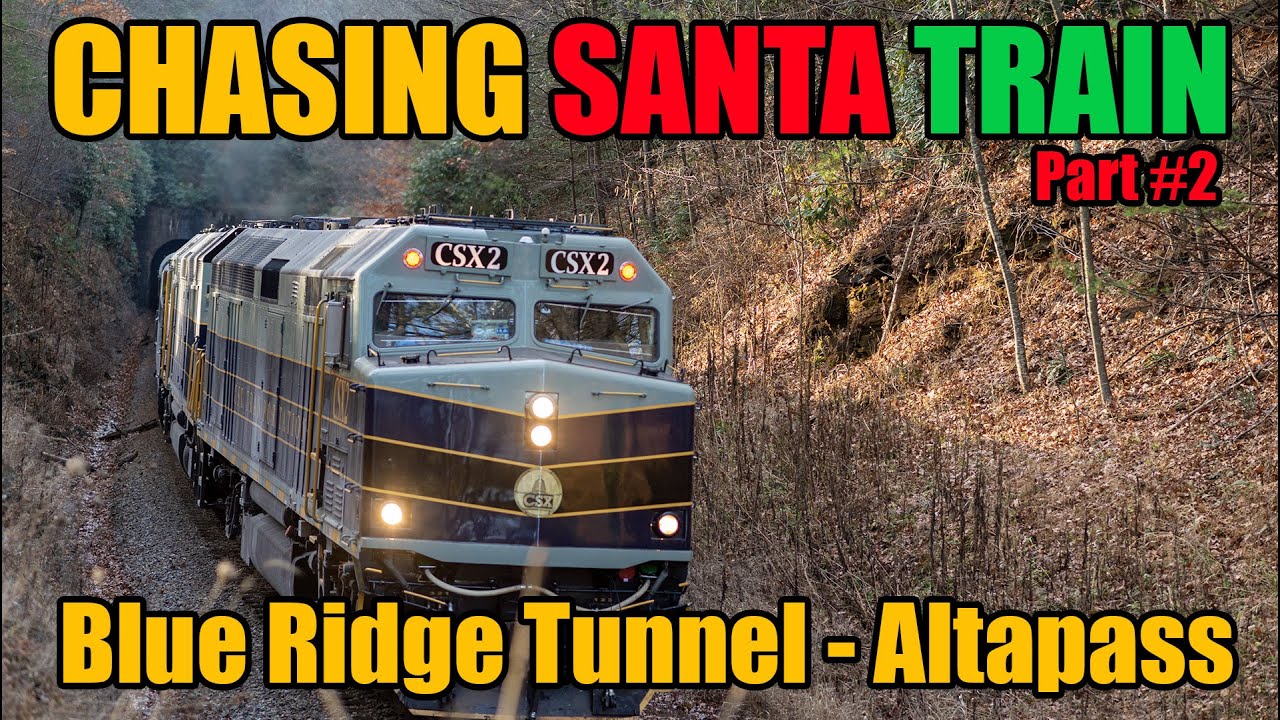 Chasing CSX Santa Train as it passes north through Blue Ridge Tunnel to