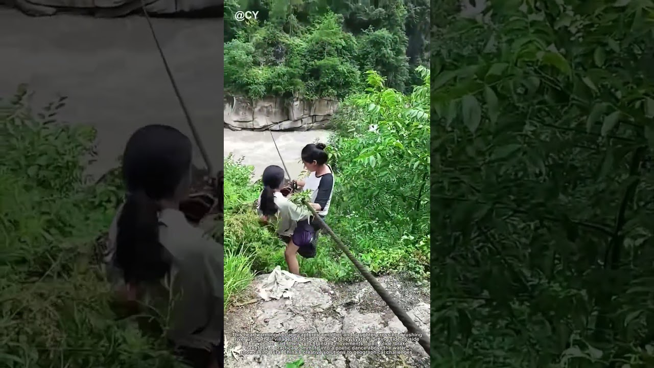 "Rope Bridge Duo – Mother-Daughter Team Crosses River via Aerial Cableway!"