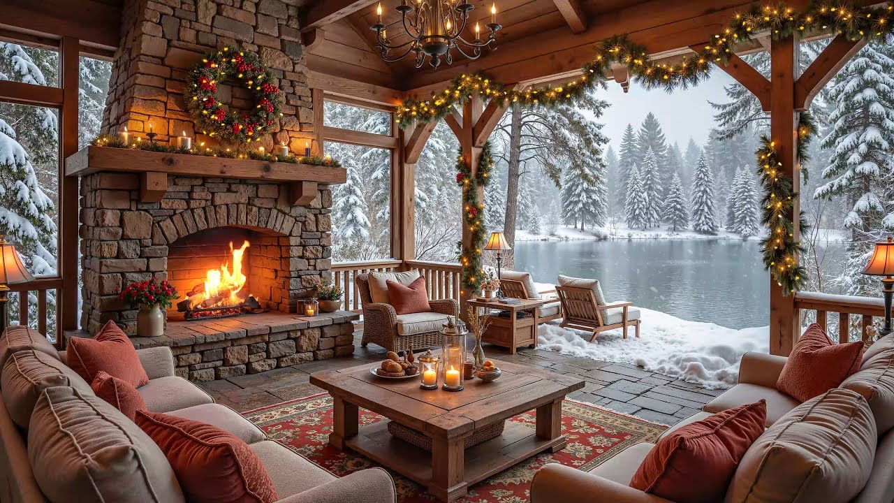 Cozy Winter Porch on a Snowy Day ️ Relaxing Piano Music & Fireplace ...