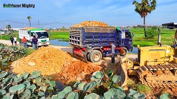 Perfectly Filling up land huge, Bulldozer Komatsu D31P Working, Dump Truck Unloading