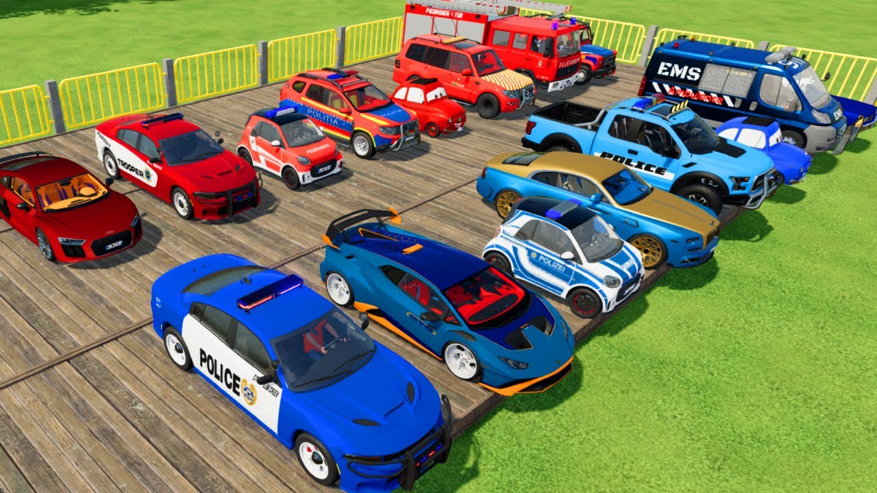 TRANSPORTING CARS, AMBULANCE, POLICE CARS, FIRE TRUCK OF COLORS! WITH TRUCKS! - FS 22