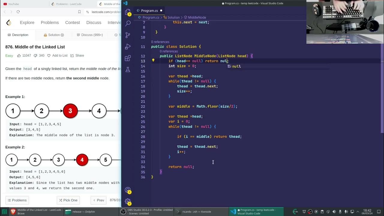 Solving Leetcode problems - 876. Middle of the Linked List (ASMR ...