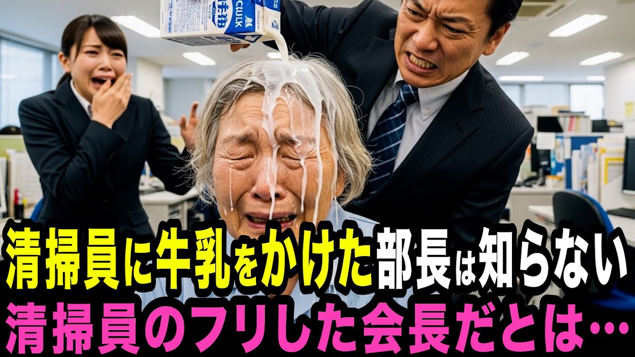 おばあさんが会長だとは知らずに牛乳をかけた部長。