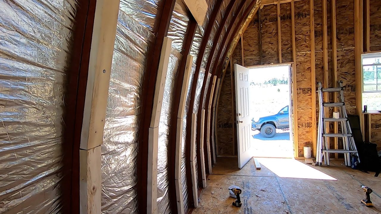 Arched Cabin Build Attaching 2x4s to Metal Ribs for Shiplap 13 YouTube