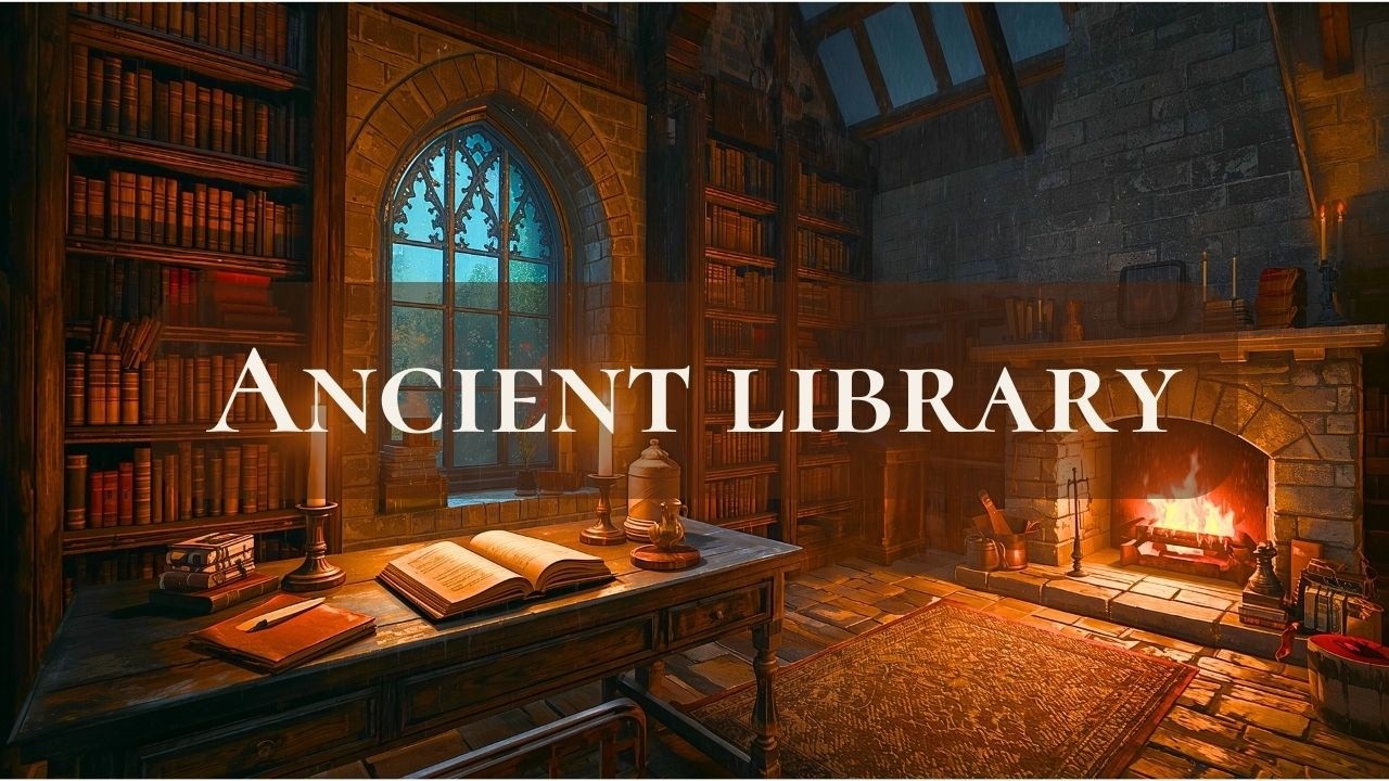 Ancient Library Ambience — Rain, Thunder & Crackling Fireplace | 4 Hours for Sleep & Study