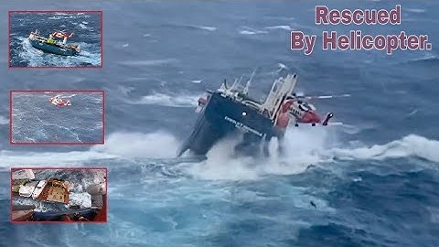 Helicopter Rescue operation for Dutch Cargo ship Eemslift Hendrika in rough sea at Norwegian Sea.
