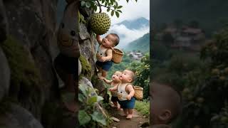 Three Tiny Basket Babies Climbing A Mountain For One Giant Fruit