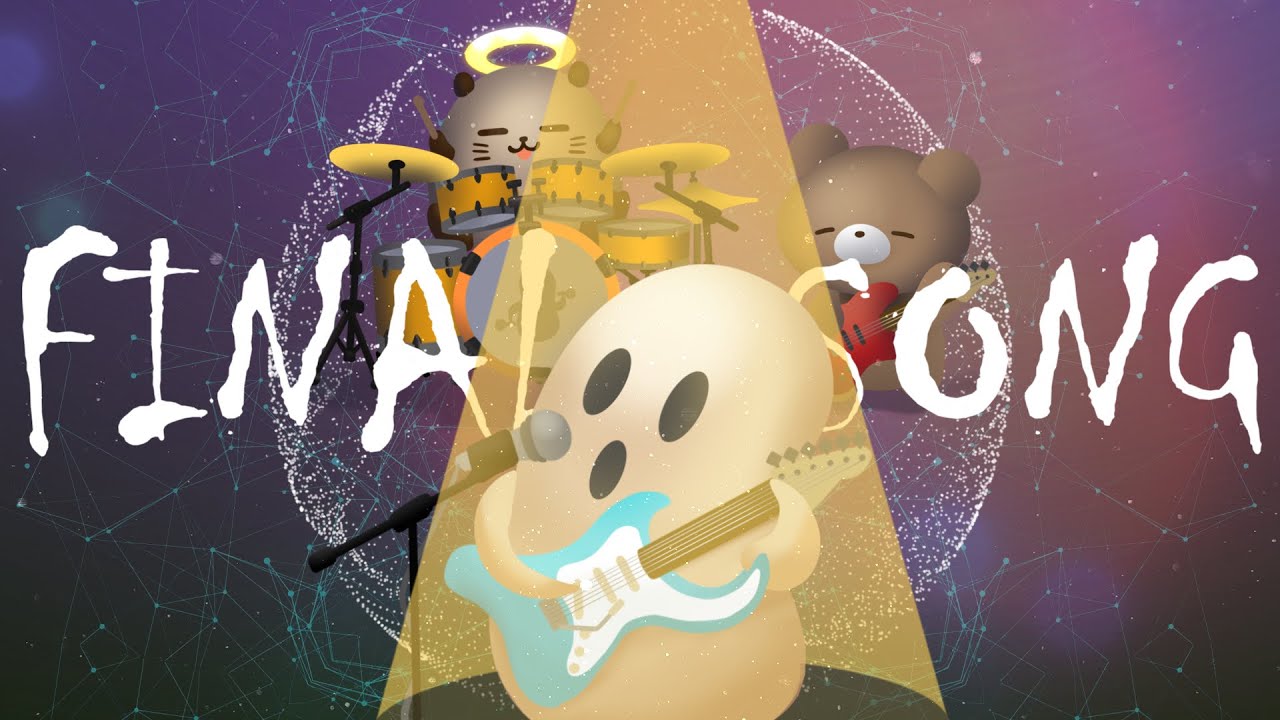 はにわ「踊る人々」がギターを持っている。背後にはつぶくまとらこ丸というbean jamのキャラクターも描かれており、なにやらステージでライブをやっているイラスト。床にはシェイカーが置いてある。白い文字でFINAL SONGと書かれている。odoru hitobeat 1st single『ファイナルソング』のジャケット・サムネイル画像