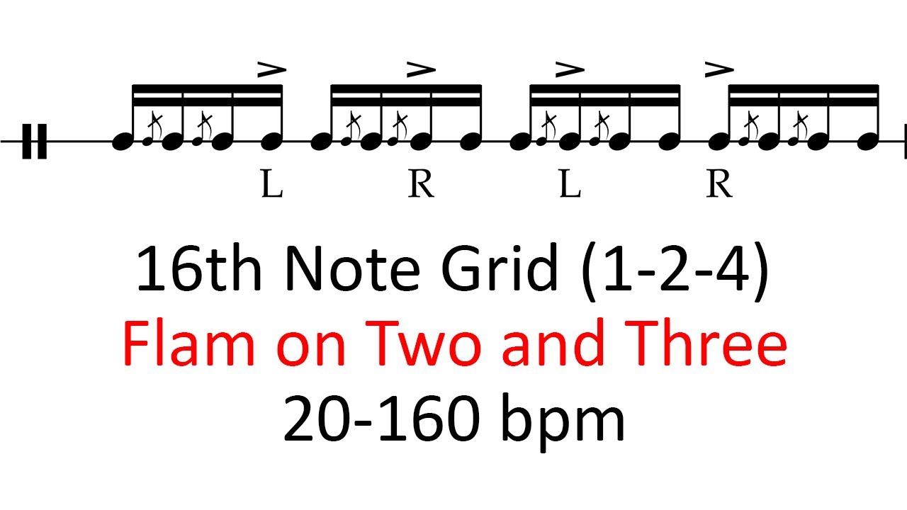 Flam on two and three (1-2-4 accents) | 20-160 bpm 16th note grid sheet ...