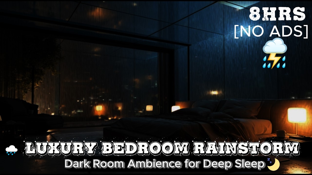 🌧️🌙💤 Luxury Bedroom Rainstorm | 🛌 Dark Room Ambience for Deep Sleep