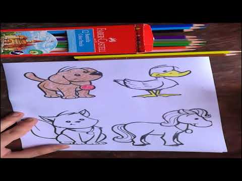 تلوين البطة والكلب والقطة والحصان للاطفال        