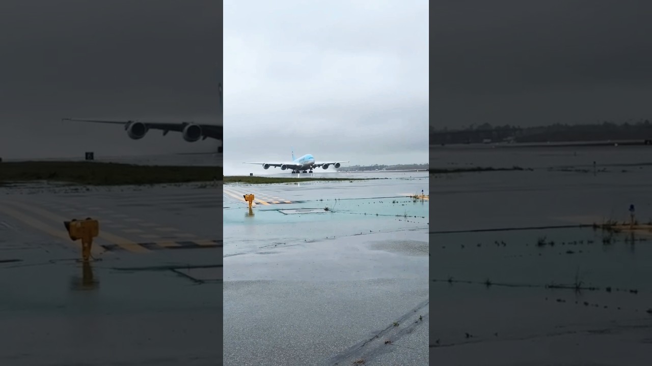 Majestic Korean Air A380 Takes Off Rainy Splendor 