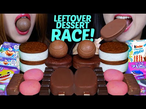 ASMR LEFTOVER DESSERT RACE! MILKA SNOBALLS, KINDER CHOCO, ICE CREAM SANDWICH, STRAWBERRY MACARON