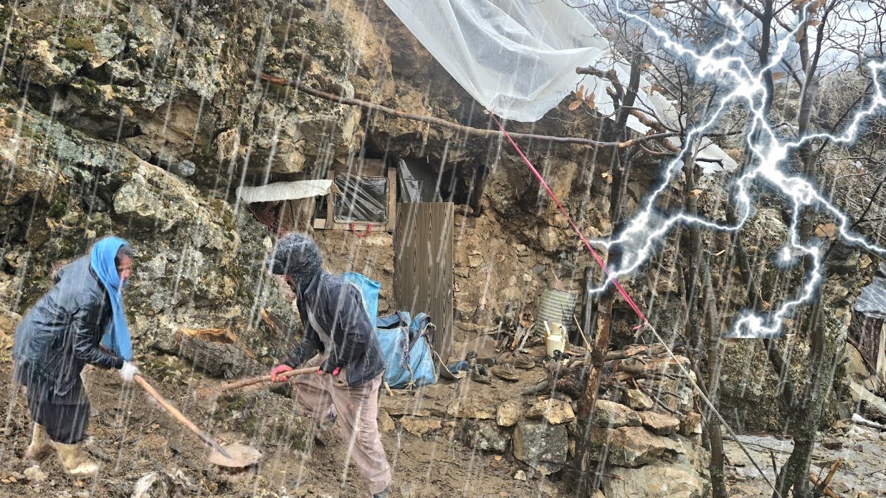 Грозы 🌧️, дожди и сильные бури в горах; кочевники борются за выживание в пещере.
