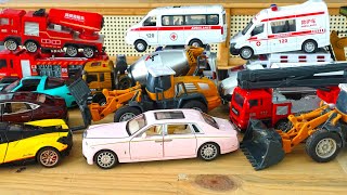 Box Full of Various Miniature Cars Peugeot. Volvo , ,Ambulances, fire trucks, cartoon cars F521