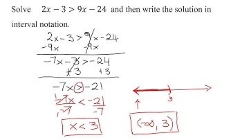 Solve Linear Inequality 2x-3 is Greater Than 9x-24, Graph, & Write Solution In Interval Notation