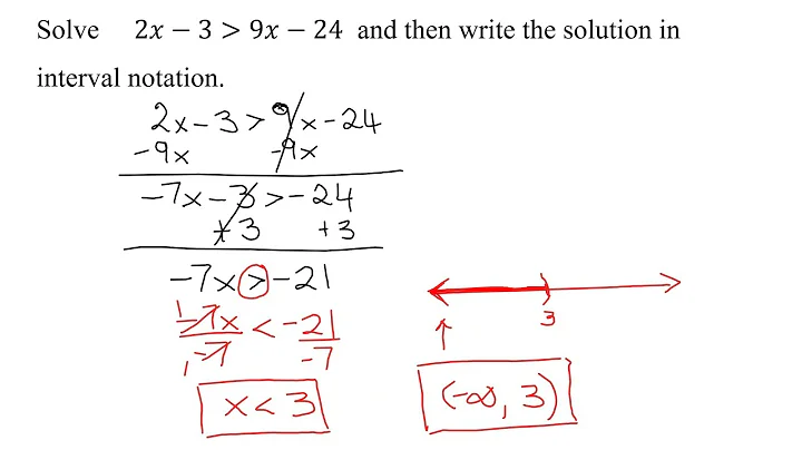 Solve Linear Inequality 2x-3 is Greater Than 9x-24, Graph, & Write Solution In Interval Notation