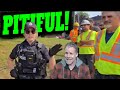 MANHANDLED! Girl COP Just Can't Save Burly Line Men from a Camera Man
