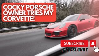 COCKY PORSCHE GT3 OWNER VS MY C7 CORVETTE! | CAFFEINE AND OCTANE