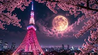 Tokyo Tower Neon Pink Under Full Moon Cherry Blossoms 4K No Copyright screenshot 5