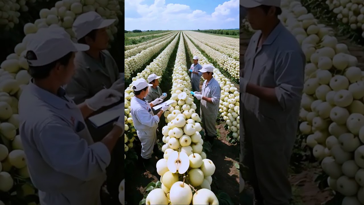 Workers record the growth process of pears
