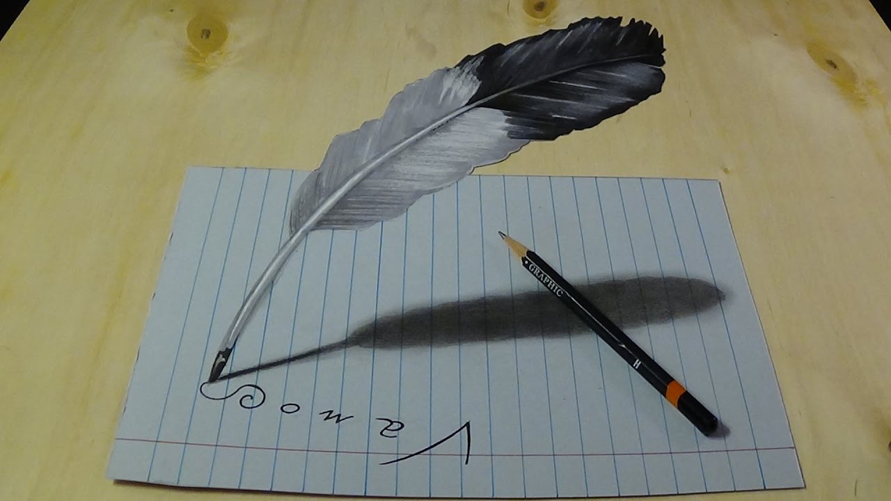 3d Drawing Feather Trick Art Illusion On Lined Paper Youtube