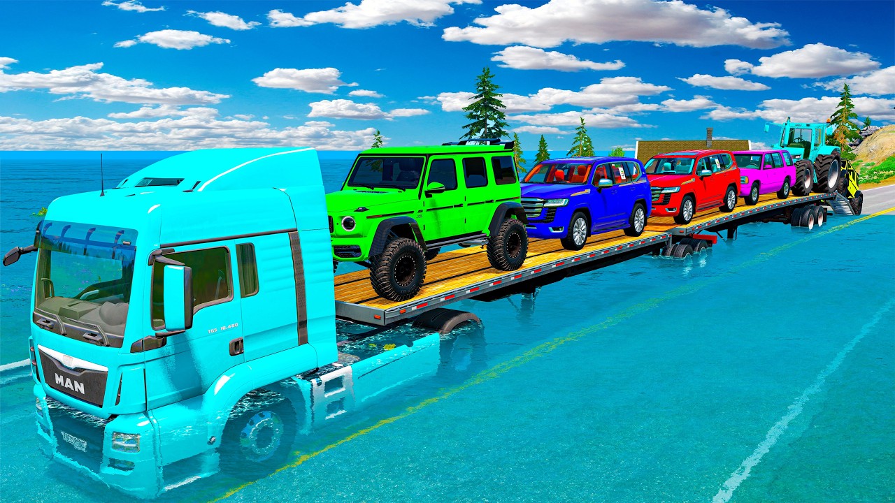 Five Flatbed Trailer McQueen Transportation with Truck - Speedbumps vs Cars vs Train - BeamNG #4