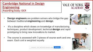 Design Engineering OCR Cambridge National - Open Option Subject at Vale of York Academy