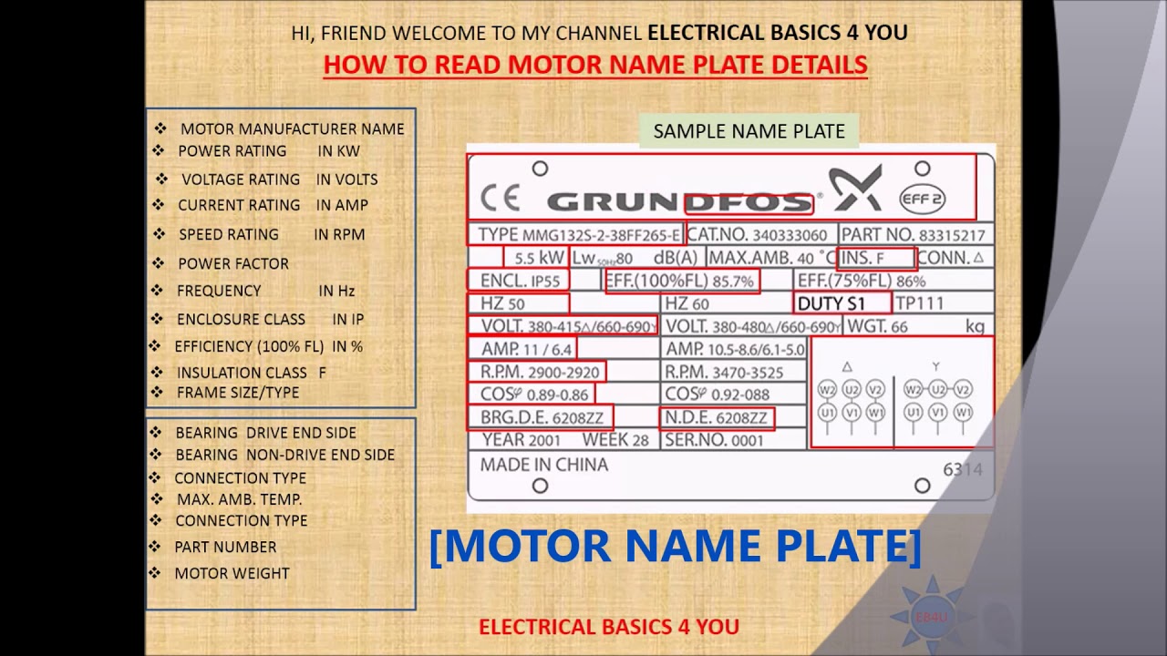 Induction motor name plate data explain YouTube