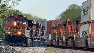 Giant 65-70 mph 3x3x0 BNSF Mega stack train flying east!! BNSF Transcon: Emporia sub..5/11/25