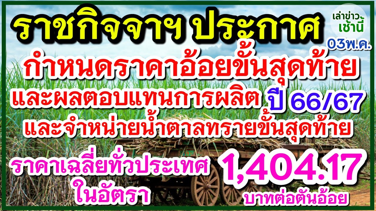ราชกิจจาฯ ประกาศ ราคาอ้อย - น้ำตาลทราย ขั้นสุดท้าย ฤดูผลิตปี 66/67 ที่อัตรา 1,404.17 บาทต่อตันอ้อย